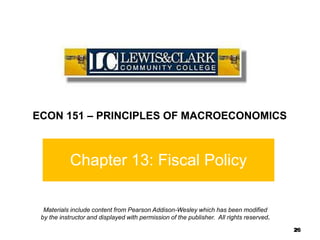 26
Chapter 13: Fiscal Policy
End of
Chapter 10
26
ECON 151 – PRINCIPLES OF MACROECONOMICS
Materials include content from Pearson Addison-Wesley which has been modified
by the instructor and displayed with permission of the publisher. All rights reserved.
 