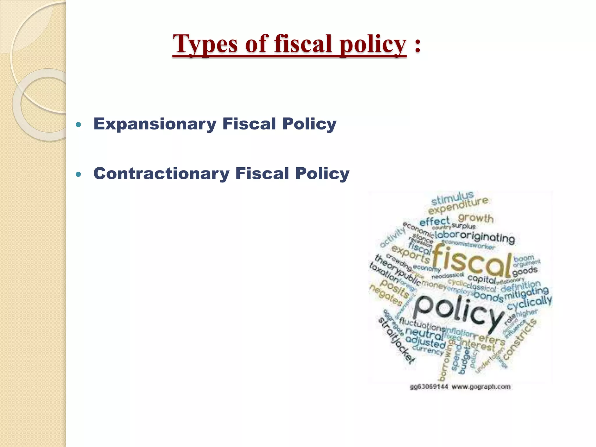 Types of fiscal policy :
 Expansionary Fiscal Policy
 Contractionary Fiscal Policy
 