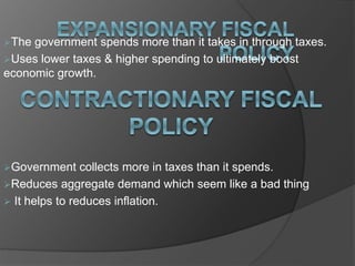 The government spends more than it takes in through taxes.
Uses lower taxes & higher spending to ultimately boost
economic growth.
Government collects more in taxes than it spends.
Reduces aggregate demand which seem like a bad thing
 It helps to reduces inflation.
 