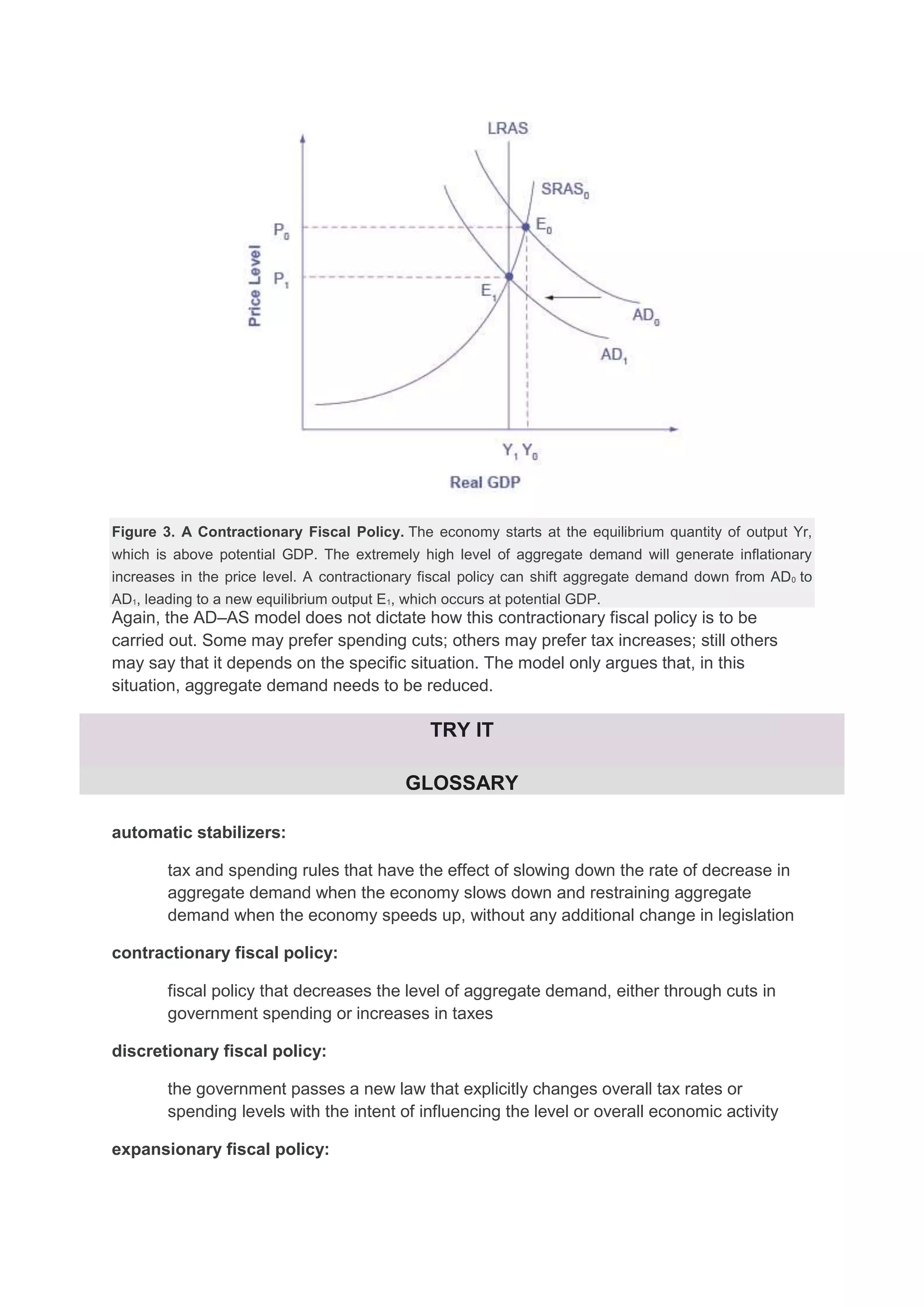 Figure 3. A Contractionary Fiscal Policy. The economy starts at the equilibrium quantity of output Yr,
which is above potential GDP. The extremely high level of aggregate demand will generate inflationary
increases in the price level. A contractionary fiscal policy can shift aggregate demand down from AD0 to
AD1, leading to a new equilibrium output E1, which occurs at potential GDP.
Again, the AD–AS model does not dictate how this contractionary fiscal policy is to be
carried out. Some may prefer spending cuts; others may prefer tax increases; still others
may say that it depends on the specific situation. The model only argues that, in this
situation, aggregate demand needs to be reduced.
TRY IT
GLOSSARY
automatic stabilizers:
tax and spending rules that have the effect of slowing down the rate of decrease in
aggregate demand when the economy slows down and restraining aggregate
demand when the economy speeds up, without any additional change in legislation
contractionary fiscal policy:
fiscal policy that decreases the level of aggregate demand, either through cuts in
government spending or increases in taxes
discretionary fiscal policy:
the government passes a new law that explicitly changes overall tax rates or
spending levels with the intent of influencing the level or overall economic activity
expansionary fiscal policy:
 