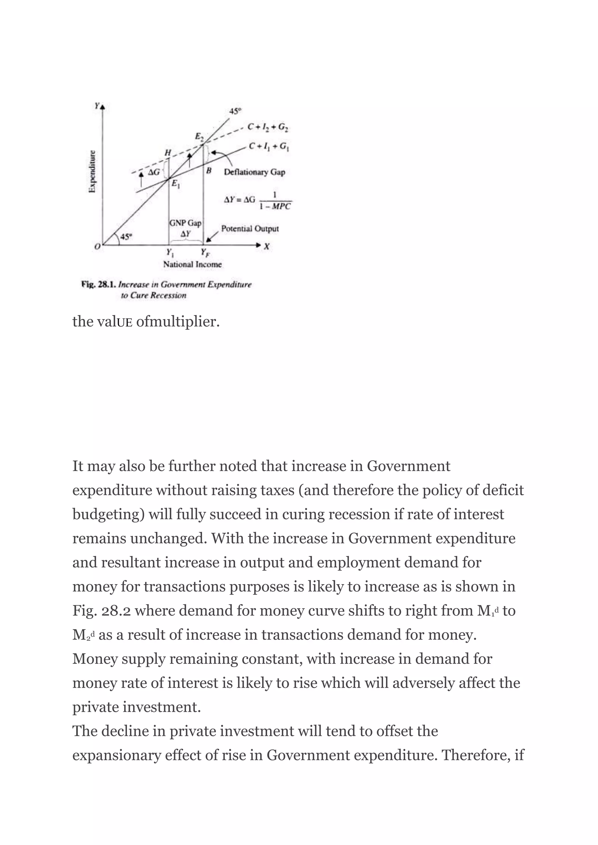 the valUE ofmultiplier.
It may also be further noted that increase in Government
expenditure without raising taxes (and therefore the policy of deficit
budgeting) will fully succeed in curing recession if rate of interest
remains unchanged. With the increase in Government expenditure
and resultant increase in output and employment demand for
money for transactions purposes is likely to increase as is shown in
Fig. 28.2 where demand for money curve shifts to right from M1
d to
M2
d as a result of increase in transactions demand for money.
Money supply remaining constant, with increase in demand for
money rate of interest is likely to rise which will adversely affect the
private investment.
The decline in private investment will tend to offset the
expansionary effect of rise in Government expenditure. Therefore, if
 