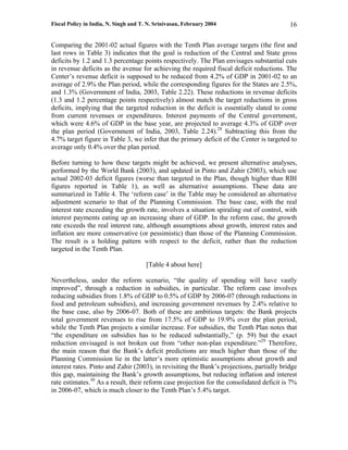 Fiscal Policy in India, N. Singh and T. N. Srinivasan, February 2004                       16

Comparing the 2001-02 actual figures with the Tenth Plan average targets (the first and
last rows in Table 3) indicates that the goal is reduction of the Central and State gross
deficits by 1.2 and 1.3 percentage points respectively. The Plan envisages substantial cuts
in revenue deficits as the avenue for achieving the required fiscal deficit reductions. The
Center’s revenue deficit is supposed to be reduced from 4.2% of GDP in 2001-02 to an
average of 2.9% the Plan period, while the corresponding figures for the States are 2.5%,
and 1.3% (Government of India, 2003, Table 2.22). These reductions in revenue deficits
(1.3 and 1.2 percentage points respectively) almost match the target reductions in gross
deficits, implying that the targeted reduction in the deficit is essentially slated to come
from current revenues or expenditures. Interest payments of the Central government,
which were 4.6% of GDP in the base year, are projected to average 4.3% of GDP over
the plan period (Government of India, 2003, Table 2.24).28 Subtracting this from the
4.7% target figure in Table 3, we infer that the primary deficit of the Center is targeted to
average only 0.4% over the plan period.

Before turning to how these targets might be achieved, we present alternative analyses,
performed by the World Bank (2003), and updated in Pinto and Zahir (2003), which use
actual 2002-03 deficit figures (worse than targeted in the Plan, though higher than RBI
figures reported in Table 1), as well as alternative assumptions. These data are
summarized in Table 4. The ‘reform case’ in the Table may be considered an alternative
adjustment scenario to that of the Planning Commission. The base case, with the real
interest rate exceeding the growth rate, involves a situation spiraling out of control, with
interest payments eating up an increasing share of GDP. In the reform case, the growth
rate exceeds the real interest rate, although assumptions about growth, interest rates and
inflation are more conservative (or pessimistic) than those of the Planning Commission.
The result is a holding pattern with respect to the deficit, rather than the reduction
targeted in the Tenth Plan.

                                       [Table 4 about here]

Nevertheless, under the reform scenario, “the quality of spending will have vastly
improved”, through a reduction in subsidies, in particular. The reform case involves
reducing subsidies from 1.8% of GDP to 0.5% of GDP by 2006-07 (through reductions in
food and petroleum subsidies), and increasing government revenues by 2.4% relative to
the base case, also by 2006-07. Both of these are ambitious targets: the Bank projects
total government revenues to rise from 17.5% of GDP to 19.9% over the plan period,
while the Tenth Plan projects a similar increase. For subsidies, the Tenth Plan notes that
“the expenditure on subsidies has to be reduced substantially,” (p. 59) but the exact
reduction envisaged is not broken out from “other non-plan expenditure.”29 Therefore,
the main reason that the Bank’s deficit predictions are much higher than those of the
Planning Commission lie in the latter’s more optimistic assumptions about growth and
interest rates. Pinto and Zahir (2003), in revisiting the Bank’s projections, partially bridge
this gap, maintaining the Bank’s growth assumptions, but reducing inflation and interest
rate estimates.30 As a result, their reform case projection for the consolidated deficit is 7%
in 2006-07, which is much closer to the Tenth Plan’s 5.4% target.
 