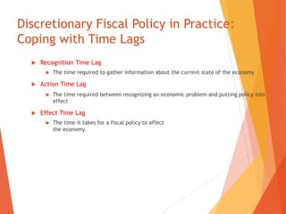 Discretionary Fiscal Policy in Practice: 
Coping with Time Lags 
 Recognition Time Lag 
 The time required to gather information about the current state of the economy 
 Action Time Lag 
 The time required between recognizing an economic problem and putting policy into 
effect 
 Effect Time Lag 
 The time it takes for a fiscal policy to affect 
the economy 
 