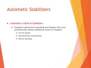 Automatic Stabilizers 
 Automatic or Built-In Stabilizers 
 Changes in government spending and taxation that occur 
automatically without deliberate action of Congress 
 The tax system 
 Unemployment compensation 
 Welfare spending 
 