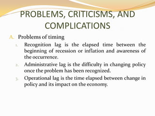 PROBLEMS, CRITICISMS, AND COMPLICATIONSProblems of timingRecognition lag is the elapsed time between the beginning of recession or inflation and awareness of the occurrence.Administrative lag is the difficulty in changing policy once the problem has been recognized.Operational lag is the time elapsed between change in policy and its impact on the economy.