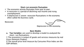 Short-run economic fluctuation
 The economic activity fluctuates from year to year.
 A recession is a period of declining real income and rising
unemployment.
 A depression is severe recession fluctuations in the economy
often called the business cycle.
Recession
Depression in the economy.
Basic Models
a. Two Variables: are used to develop a model to analyzed the
short- run fluctuations.
1 The economics is output of goods and services measures by real
Gross Domestic Product.
2 The overall price level measure by Consumer Price Index are the
GDP deflator.
 