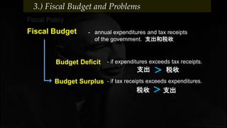 - annual expenditures and tax receipts
of the government. 支出和税收
Fiscal Policy
Fiscal Budget
3.) Fiscal Budget and Problems
- if expenditures exceeds tax receipts.Budget Deficit
支出 税收>
- if tax receipts exceeds expenditures.Budget Surplus
支出税收 >
 