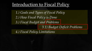 Introduction to Fiscal Policy
3.) Fiscal Budget and Problems
1.) Goals and Types of Fiscal Policy
2.) How Fiscal Policy is Done
4.) Fiscal Policy Limitations
3.1) Budget Deficit Problems
 
