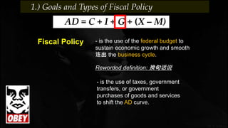 - is the use of the federal budget to
sustain economic growth and smooth
连出 the business cycle.
Fiscal Policy
AD = C + I + G + (X – M)
- is the use of taxes, government
transfers, or government
purchases of goods and services
to shift the AD curve.
Reworded definition: 换句话说
1.) Goals and Types of Fiscal Policy
 