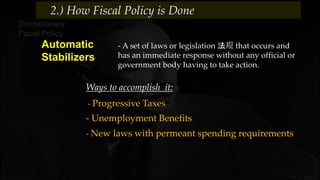 Ways to accomplish it:
2.) How Fiscal Policy is Done
- A set of laws or legislation 法规 that occurs and
has an immediate response without any official or
government body having to take action.
Discretionary
Fiscal Policy
Automatic
Stabilizers
- Progressive Taxes
- Unemployment Benefits
- New laws with permeant spending requirements
 