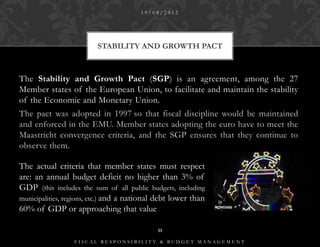 19/08/2012




                         STABILITY AND GROWTH PACT



The Stability and Growth Pact (SGP) is an agreement, among the 27
Member states of the European Union, to facilitate and maintain the stability
of the Economic and Monetary Union.
The pact was adopted in 1997 so that fiscal discipline would be maintained
and enforced in the EMU. Member states adopting the euro have to meet the
Maastricht convergence criteria, and the SGP ensures that they continue to
observe them.

The actual criteria that member states must respect
are: an annual budget deficit no higher than 3% of
GDP (this includes the sum of all public budgets, including
municipalities, regions, etc.) and a national debt lower than
60% of GDP or approaching that value

                                             11

                  FISCAL RESPONSIBILITY & BUDGET MANAGEMENT
 