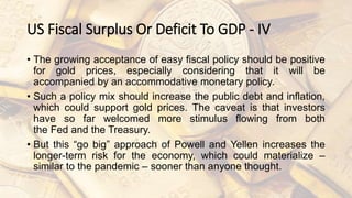 US Fiscal Surplus Or Deficit To GDP - IV
• The growing acceptance of easy fiscal policy should be positive
for gold prices, especially considering that it will be
accompanied by an accommodative monetary policy.
• Such a policy mix should increase the public debt and inflation,
which could support gold prices. The caveat is that investors
have so far welcomed more stimulus flowing from both
the Fed and the Treasury.
• But this “go big” approach of Powell and Yellen increases the
longer-term risk for the economy, which could materialize –
similar to the pandemic – sooner than anyone thought.
 