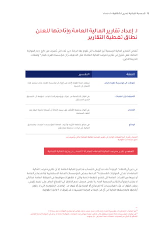 24
‫فساد‬ ‫ال‬ - ‫الشفافية‬ ‫لتعزيز‬ ‫اللبنانية‬ ‫الجمعية‬
‫للعلن‬ ‫وإتاحتها‬ ‫العامة‬ ‫المالية‬ ‫تقارير‬ ‫إعداد‬ .1
‫التقارير‬ ‫تغطية‬ ‫نطاق‬
‫الموازنة‬ ‫إطار‬ ‫خارج‬ ‫من‬ ‫صرف‬ُ‫ت‬ ‫التي‬ ‫تلك‬ ‫حتى‬ ،‫الدولة‬ ‫بها‬ ‫تقوم‬ ‫التي‬ ‫النفقات‬ ‫أبرز‬ ‫الرسمية‬ ‫المالية‬ ‫التقارير‬ ‫غطي‬ُ‫ت‬
‫ونفقات‬ ٢٨
‫لبنان‬ ‫كهرباء‬ ‫مؤسسة‬ ‫إلى‬ ‫التحويالت‬ ‫مثل‬ »‫العامة‬ ‫المالية‬ ‫«مرصد‬ ‫تقارير‬ ‫في‬ ‫تندرج‬ ‫فهي‬ ،‫العامة‬
.‫األخرى‬ ‫الخزينة‬
‫المالية‬ ‫«مرصد‬ ‫تقارير‬ ‫أن‬ ‫إال‬ ،‫العامة‬ ‫المالية‬ ‫مجاميع‬ ‫احتساب‬ ‫في‬ ‫تدخل‬ ‫أعاله‬ ‫الواردة‬ ‫النفقات‬ ‫أن‬ ‫حين‬ ‫في‬
‫العامة‬ ‫المصالح‬ ‫أو‬ ‫االستثمارية‬ ‫العامة‬ ‫المؤسسات‬ ‫ببعض‬ ‫الخاصة‬ ٢٩
‫ة‬ّ‫ل‬‫ستق‬ ُ
‫الم‬ ‫الموازنات‬ ‫ي‬ ّ
‫غط‬ُ‫ت‬ ‫ال‬ »‫العامة‬
‫فبالتالي‬ .‫العامة‬ ‫الموازنة‬ ‫في‬ ‫صوافيها‬ ‫إال‬ ‫تظهر‬ ‫ال‬ ‫والتي‬ ‫خاصة‬ ‫بأنظمة‬ ‫ع‬ّ‫تتمت‬ ‫التي‬ ‫العامة‬ ‫الهيئات‬ ‫من‬ ‫غيرها‬ ‫أو‬
،‫تقريبي‬ ‫تقييم‬ ‫وفي‬ .‫العام‬ ‫القطاع‬ ‫في‬ ‫االنفاق‬ ‫حجم‬ ‫مجمل‬ ‫غطي‬ُ‫ت‬ ‫الصادرة‬ ‫الرسمية‬ ‫التقارير‬ ‫أن‬ ‫الجزم‬ ‫يمكن‬ ‫ال‬
‫تظهر‬ ‫ال‬ ‫التي‬ ،‫الحكومية‬ ‫الوحدات‬ ‫من‬ ‫غيرها‬ ‫أو‬ ‫الصناديق‬ ‫أو‬ ‫المصالح‬ ‫أو‬ ‫المؤسسات‬ ‫د‬ّ‫عد‬ ‫أن‬ ‫القول‬ ‫يمكن‬
.‫حكومية‬ ‫وحدة‬ 80 ‫الـ‬ ‫تفوق‬ ‫قد‬ ،‫المنشورة‬ ‫المالية‬ ‫التقارير‬ ‫من‬ ‫أي‬ ‫في‬ ‫المالية‬ ‫ومجاميعها‬ ‫أرقامها‬
‫البلديات‬ ‫إلى‬ ‫التحويالت‬
‫األمانات‬
‫الودائع‬
‫التفسير‬
‫هذه‬ ‫ستعيد‬ ‫لبنان‬ ‫كهرباء‬ ‫مؤسسة‬ ‫أن‬ ‫اعتبار‬ ‫على‬ ‫األمد‬ ‫طويلة‬ ‫خزينة‬ ‫سلفف‬
.‫الخزينة‬ ‫إلى‬ ‫األموال‬
‫الصندوق‬ ‫إلى‬ ‫تحويلها‬ َ
‫ب‬ َ‫وج‬ ‫دة‬ّ‫حد‬ ُ‫م‬ ‫وروسوم‬ ‫ضرائب‬ ‫من‬ ‫صة‬ ّ
‫خص‬ ُ‫م‬ ‫أموال‬ ‫هي‬
.‫المستقل‬ ‫البلدي‬
‫عند‬ ‫إليهم‬ ‫الخزينة‬ ‫عيدها‬ُ‫ت‬ ‫أن‬ ‫األمانة‬ ‫سبيل‬ ‫على‬ ‫ف‬ّ‫ل‬‫ك‬ ُ
‫الم‬ ‫يدفعها‬ ‫أموال‬ ‫هي‬
.‫المعاملة‬ ‫انتهاء‬
‫والصناديق‬ ‫البلديات‬ ،‫المؤسسات‬ ،‫العامة‬ ‫إللدارات‬ ‫الخزينة‬ ‫تدفعها‬ ‫مبالغ‬ ‫هي‬
‫لصالحهم‬ ‫محصلة‬ ‫ايرادات‬ ‫من‬ ،‫المالية‬
‫لبنان‬ ‫كهرباء‬ ‫مؤسسة‬ ‫إلى‬ ‫تحويالت‬
‫من‬ ‫صرف‬ُ‫ت‬ ‫والتي‬ »‫العامة‬ ‫المالية‬ ‫«مرصد‬ ‫تقرير‬ ‫في‬ ‫الواردة‬ ‫النفقات‬ ‫أبرز‬ :5 ‫رقم‬ ‫الجدول‬
‫الموازنة‬ ‫اعتمادات‬ ‫خارج‬
‫النفقة‬
‫اللبنانية‬ ‫المالية‬ ‫وزارة‬ ‫عن‬ ‫الصادر‬ 2018 ‫للعام‬ »‫العامة‬ ‫المالية‬ ‫«مرصد‬ ‫تقرير‬ :‫المصدر‬
.2018 ‫سنة‬ ‫قبل‬ ‫الموازنات‬ ‫مشاريع‬ ‫أو‬ ‫قوانين‬ ‫جداول‬ ‫ضمن‬ ‫تندرج‬ ‫كانت‬ ‫لبنان‬ ‫كهرباء‬ ‫مؤسسة‬ ‫إلى‬ ‫التحويالت‬ ‫أن‬ ‫العلم‬ ‫مع‬٢٨
‫الفائض‬ ‫العامة‬ ‫الموازنة‬ ‫في‬ ‫يدخل‬ ‫إذ‬ ‫العامة‬ ‫بالموازنة‬ ‫الموازنات‬ ‫هذه‬ ‫صوافي‬ ‫ترتبط‬ .‫وإداري‬ ‫مالي‬ ‫باستقالل‬ ‫ع‬ّ‫تتمت‬ ‫عامة‬ ‫لمؤسسات‬ ‫موازنات‬ ‫هي‬٢٩
.‫وجوده‬ ‫حال‬ ‫في‬ ‫العجز‬ ‫لسد‬ ‫اعتمادات‬ ‫الموازنات‬ ‫من‬ ‫ل‬ّ‫حو‬ُ‫ت‬ ‫أو‬ ‫ق‬ ّ‫حق‬ ُ
‫الم‬
 