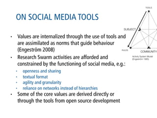 TOOLS




    ON SOCIAL MEDIA TOOLS
                                                            SUBJECT

•       Values are internalized through the use of tools and
        are assimilated as norms that guide behaviour
        (Engeström 2008)                                   RULES
                                                                           COMMUNITY

•       Research Swarm activities are afforded and                 Activity System Model
                                                                   (Engeström 1985)

        constrained by the functioning of social media, e.g.:
    •     openness and sharing
    •     textual format
    •     agility and granularity
    •     reliance on networks instead of hierarchies
•       Some of the core values are derived directly or
        through the tools from open source development
 