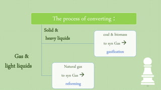 The process of converting :
coal & biomass
to syn Gas 
Natural gas
to syn Gas 
Solid &
heavy liquids
Gas &
light liquids
12
 