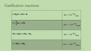 Gasification reactions
C+𝐇 𝟐 𝐎 ⇒ 𝐂𝐎 + 𝐇 ΔH = 119
K J
mol
C +
𝟏
𝟐
𝐎 𝟐 ⇒ 𝐂𝐎
ΔH = −123
K J
mol
𝐂𝐎 + 𝐇 𝟐 𝐎 ⇒ 𝐂𝐎 𝟐 + 𝐇 𝟐 ΔH = −40
K J
mol
C + 𝟐𝐇 𝟐 ⇒ 𝐂𝐇 𝟒 ΔH = −206
K J
mol
20
 