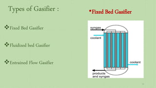 Types of Gasifier : •Fixed Bed Gasifier
Fixed Bed Gasifier
Fluidized bed Gasifier
Entrained Flow Gasifier
21
 