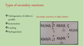 Types of secondary reactions:
Secondary reactions of alpha olefins:Hydrogenation of olefins to
paraffin
Isomerization
Cracking
Hydrogenolysis
23
 