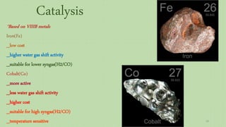Catalysis
*Based on VIIIB metals
Iron(Fe)
_low cost
_higher water gas shift activity
_suitable for lower syngas(H2/CO)
Cobalt(Co)
_more active
_less water gas shift activity
_higher cost
_suitable for high syngas(H2/CO)
_temperature sensitive 29
 