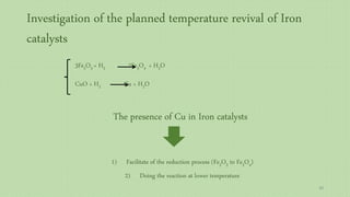Investigation of the planned temperature revival of Iron
catalysts
The presence of Cu in Iron catalysts
1) Facilitate of the reduction process (Fe2O3 to Fe3O4)
2) Doing the reaction at lower temperature
3Fe2O3 + H2 2Fe3O4 + H2O
CuO + H2 Cu + H2O
48
 