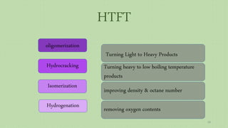 HTFT
Hydrocracking
Isomerization
Hydrogenation
oligomerization
Turning Light to Heavy Products
Turning heavy to low boiling temperature
products
improving density & octane number
removing oxygen contents
68
 