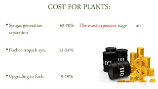 COST FOR PLANTS:
•Syngas generation 65-70% The most expensive stage air
separation
•Fischer-tropsch syn. 21-24%
•Upgrading to fuels 9-19%
74
 