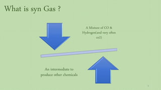 A Mixture of CO &
Hydrogen(and very often
co2)
An intermediate to
produce other chemicals
What is syn Gas ?
8
 