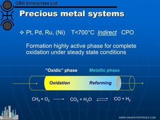 Precious metal systems
 Pt, Pd, Ru, (Ni) T<700°C Indirect CPO
Formation highly active phase for complete
oxidation under steady state conditions
CH4 + O2 CO2 + H2O CO + H2
Oxidation Reforming
”Oxidic” phase Metallic phase
 