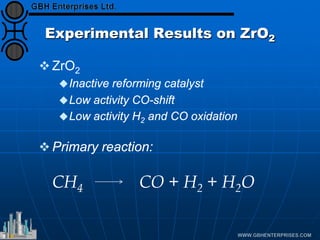 Experimental Results on ZrO2
 ZrO2
Inactive reforming catalyst
Low activity CO-shift
Low activity H2 and CO oxidation
 Primary reaction:
CH4 CO + H2 + H2O
 