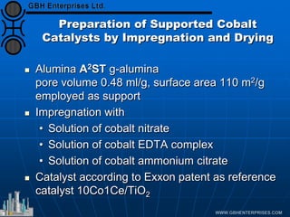 Preparation of Supported Cobalt
Catalysts by Impregnation and Drying
 Alumina A2ST g-alumina
pore volume 0.48 ml/g, surface area 110 m2/g
employed as support
 Impregnation with
• Solution of cobalt nitrate
• Solution of cobalt EDTA complex
• Solution of cobalt ammonium citrate
 Catalyst according to Exxon patent as reference
catalyst 10Co1Ce/TiO2
 