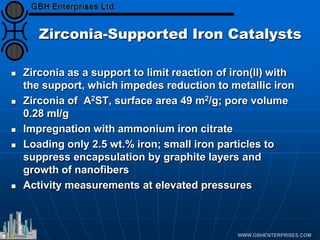 Zirconia-Supported Iron Catalysts
 Zirconia as a support to limit reaction of iron(II) with
the support, which impedes reduction to metallic iron
 Zirconia of A2ST, surface area 49 m2/g; pore volume
0.28 ml/g
 Impregnation with ammonium iron citrate
 Loading only 2.5 wt.% iron; small iron particles to
suppress encapsulation by graphite layers and
growth of nanofibers
 Activity measurements at elevated pressures
 
