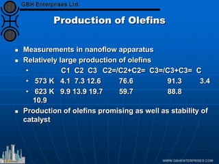 Production of Olefins
 Measurements in nanoflow apparatus
 Relatively large production of olefins
• C1 C2 C3 C2=/C2+C2= C3=/C3+C3= C
• 573 K 4.1 7.3 12.6 76.6 91.3 3.4
• 623 K 9.9 13.9 19.7 59.7 88.8
10.9
 Production of olefins promising as well as stability of
catalyst
 