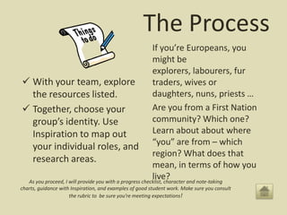 The Process
                                                        If you’re Europeans, you
                                                        might be
                                                        explorers, labourers, fur
 With your team, explore                               traders, wives or
  the resources listed.                                 daughters, nuns, priests …
 Together, choose your                                 Are you from a First Nation
  group’s identity. Use                                 community? Which one?
  Inspiration to map out                                Learn about about where
  your individual roles, and “you” are from – which
                                                        region? What does that
  research areas.
                                                        mean, in terms of how you
                                                        live?
 As you proceed, I will provide you with a progress checklist, character and note-taking
charts, guidance with Inspiration, and examples of good student work. Make sure you consult
                     the rubric to be sure you’re meeting expectations!
 