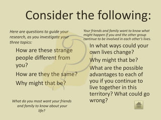 Consider the following:
Here are questions to guide your      Your friends and family want to know what
                                      might happen if you and the other group
research, as you investigate your     continue to be involved in each other’s lives.
three topics:
                                          In what ways could your
   How are these strange                  own lives change?
   people different from                  Why might that be?
   you?                                   What are the possible
   How are they the same?                 advantages to each of
   Why might that be?                     you if you continue to
                                          live together in this
                                          territory? What could go
 What do you most want your friends       wrong?
   and family to know about your
                life?
 