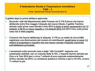 27
Il federalismo fiscale e l’imposizione immobiliare
TASI – 3
(Fonte - Dipartimento Finanze comunicato 28-8-14)
Il gettito dopo le prime delibere approvate
• Secondo i dati del Dipartimento delle Finanze nei 2.178 Comuni che hanno
deliberato entro fine maggio l’aliquota del nuovo tributo, il gettito Tasi/Imu
stimato sulle prime case stimato a fine 2014 in base ai primi versamenti è di 1,2
miliardi, il 29,3% in meno rispetto a 1,6 miliardi 2012 (nel 2013 l’Imu sulla prima
casa non è stata pagata).
• I Comuni che hanno deliberato le aliquote 2.178 su un totale di circa 8.000,
registrano una diminuzione del numero di contribuenti: quest’anno ci sono 1,2
milioni di proprietari e inquilini che non hanno versato l’imposta comunale
sull’abitazione principale.
• I versamenti sulle seconde case e degli ”altri immobili” segnano una
sostanziale stabilità, con un crescita dello 0,15%. L’importo teorico stimato per
l’Imu e la Tasi 2014 pari a circa 7 miliardi di euro equivale sostanzialmente
all’Imu versata nel 2012. La variazione positiva è minima e pari a +0,15%, ovvero
11 milioni in più.
 