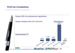 Perfil do Contabilista



                   Quase 500 mil profissionais registrados

                   Quase metade entre 33 e 52 anos                                      Experiência




                   Especialistas???




Fonte: CFC - Pesquisa Perfil do Contabilista Brasileiro 2009 com 19 mil contabilistas         26
 