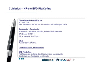 Cuidados – NF-e e EFD Pis/Cofins



       Cancelamento em até 24 hs.
       MT: Até 2 hs.
       MG: Permitindo até 168 hs. e colocando em Verificação Fiscal

       Denegação – Tendência!
       Suspensa, Cancelada, Baixada, em Processo de Baixa
       BA: Desde 01/10/11
       SP: A partir de 01/03/2012

       CC-e
       A partir de 01/07/2012

       Confirmação do Recebimento

       EFD Pis/Cofins
       Retificação até o última dia útil de junho do ano seguinte,
       desde que não fiscalizada ou intimada

                                                                      31
 