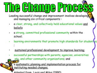 <ul><li>Leading successful change and improvement involves developing and managing six critical components  : </li></ul><u...