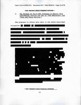 Case 1:14-cv-00262-RJL Document 29-9 Filed 06/05/14 Page 13 of 30
"rO:P BECltEY//HCS//e¢M:fm://liO!'OJtif
a_,- The Me.t:hods By Which NSA Propt>ses -t o ·obtain This
rrif6ritt!tiot1 Involve the Use of (Pen Reg·:sters'' and
"Trap and Trace Devices. 11
categories • - •
I
·-····-
TOP sEeRE'P ' 'Hcs 1 ''·CoMIW t/!t6:pnRN. rr rr , ~r. w_ -----:-
12
•
 