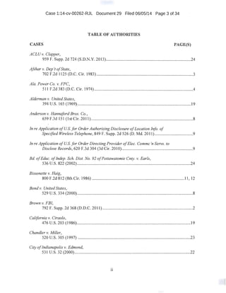 Case 1:14-cv-00262-RJL . Document 29 Filed 06/05/14 Page 3 of 34
TABLE OF AUTHORITIES
CASES PAGE(S)
ACLUv. Clapper,
959 F. Supp. 2d 724 (S.D.N.Y. 2013)................................................................................24
Afshar v. Dep 't ofState,
702 F.2d 1125 (D.C. Cir. 1983) ...........................................................................................3
Ala. Power Co. v. FPC,
511 F.2d 383 (D.C. Cir. 1974) .............................................................................................4
Alderman v. United States,
394 u.s. 165 (1969)".".""""""""""".""""""".""".".""""""."""..""""""""""""""....:19
Anderson v. Hannaford Bros. Co.,
659 F.3d 151 (1st Cir. 2011)................................................................................................8
In reApplication ofUS. for Order Authorizing Disclosure ofLocation Info. of
Specified Wireless Telephone, 849 F. Supp. 2d 526 (D. Md. 2011) ....................................9
In reApplication ofUS. for Order Directing Provider ofElec. Commc 'n Servs. to
Disclose Records, 620 F.3d 304 (3d Cir. 201 0)...................................................................9
Bd. ofEduc. oflndep. Sch. Dist. No. 92 ofPottawatomie Cnty. v. Earls,
536 u.s. 822 (2002)".."""."""....""""...""""""""..."..""""""""".".""".".""""..".".....24
Bissonette v. Haig,
800 F.2d 812 (8th Cir. 1986) .............................................................................·..........11, 12
Bond v. United States, ·
529 u.s. 334 (2000)...""....................................""..............................................................8
Brown v. FBI,
792 F. Supp. 2d 368 (D.D.C. 2011) .....................................................................................2
California v. Ciraolo,
476 u.s. 203 (1986)"""""....."""..."""."""""......""""..."""""".."""".."""".."........"...19
Chandler v. Miller,
520 u.s. 305 (1997) """"""..."..""":""..""""""""...."""""""....."""".."....."""""".."..23
City ofIndianapolis v. Edmond,
531 u.s. 32 (2000)........................................................................................·.......................22
II
 