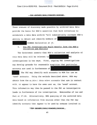 Case 1:14-cv-00262-RJL Document 29-10 Filed 06/05/14 Page 16 of 41
'toP s:EcRn,':acs ' 1coMINT ' 'NoP.c»m• h r; ... 1 1 rr . . . .
These a.vet:H,.ies· of discovery mc;tde possible by archived meta 'data
provide the basis for NSAis assertion that bulk collection to
accumulate a. meta data arqhive 'will subst;;mti.ai].y. ~nc·~ec:t.s.e NSA.' s
~bii±t:y to detect and identify membe;rs of
DIIDgSA Oeclaration at 15 .
.6 ~ How FBI :rhvestigations .would Benefit fr>bm 'the :NsA~ s
Collection and Altalysis - ·
Tb~ Government asserts that NSA' s collection an·d ~~lys'is of
this meta data will be r-elevant to
investigations in two ways. First, ongoing FB.I investigationf?
may develop gJ;ound:s for .reasonable suspicion that particular
i,tccount.s are used in furth-erance of
The FBI ·may identify such accounts to NSA. f or use as
'~s~ed" a:ccoun,t-s·. Using the methods descri;bed above, NSA may
oht:aii:l f:r;om the a~-..::hiv .::'" data other accounts. tha:t ars .in .contact
With, or appear to have the same user as1 the seett" account.
This itrt<?:rmation may. then be passed to the FB! ~s inv~s-t.i·ga~iv.e
leads in furtherance of its·-1-nvestigation. ~etn6ririldt.W:t of Law and
Jtact at 27-28. ,Alternatively, NSA gtterying of the ~hi~ed. meta
data based o~ information from sources other than the FBI may
identify accounts that a-ppear to be used by s~eone in:voJved in
TO! s :e:eM1' ' 1
:Hes ' '' CQlnm' tbfoml?N... .·.n . rr - -. •• ·.. ·.
 