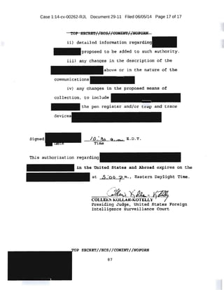 Case 1:14-cv-00262-RJL Document 29-11 Filed 06/05/14 Page 17 of 17
i$) detailed infm.-mation rega .
.T>'I"'"''"''r-~sed to be added to SU.Ch aUthority..
iii} a:ny changes in the description of the
in the nature at the
communications
iv) any t!hanges in..the proposed me:ans ' of
e.ollection,· to ip_clude
pen reg1.ster and/or trap and trace
Signed t0:31J Q,qw E.D.'l'.
Time
'This authorization re.garding
the United States and. .Abroad expires on the
at _5_;_o o r m,., · Eastern Daylight Tim -.,
.0'
COLL~KOLLAR--~i_y~P:residing Judge 4 United States Foreign
Intelligenc·e surveillance Court
S~ORET//HCS//COMINT//NOFORN
87
 