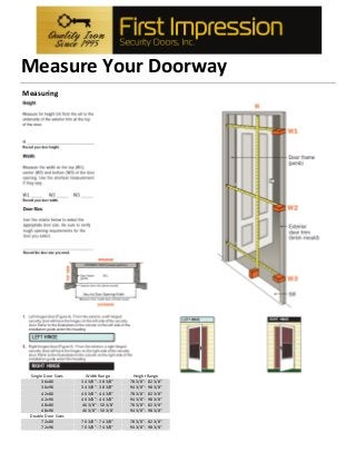 Measure Your Doorway
Measuring
Single Door Sizes Width Range Height Range
36x80 34 3/8" - 38 3/8" 78 3/8" - 82 3/8"
36x96 34 3/8" - 38 3/8" 94 3/8" - 98 3/8"
42x80 40 3/8" - 44 3/8" 78 3/8" - 82 3/8"
42x96 40 3/8" - 44 3/8" 94 3/8" - 98 3/8"
48x80 46 3/8" - 50 3/8' 78 3/8" - 82 3/8"
48x96 46 3/8" - 50 3/8' 94 3/8" - 98 3/8"
Double Door Sizes
72x80 70 3/8" - 74 3/8" 78 3/8" - 82 3/8"
72x96 70 3/8" - 74 3/8" 94 3/8" - 98 3/8"
 