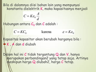 Bila di dalamnya diisi bahan lain yang mempunyai
konstanta dielektrik K, maka kapasitasnya menjadi
Hubungan antara C0 dan C adalah :
Kapasitas kapasitor akan berubah harganya bila :
K , A dan d diubah
Dalam hal ini C tidak tergantung Q dan V, hanya
merupakan perbandingan2 yang tetap saja. Artinya
meskipun harga Q diubah2, harga C tetap.
0
0 karena 
 K
KC
C 

d
A
K
C 0


 