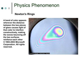 Physics Phenomenon 
Newton's RingsA band of color appears wherever the distance between the two pieces of glass causes light of that color to interfere constructively, making the waves bouncing off the two surfaces reinforce each other ©1993-2003 Microsoft Corporation. All rights reserved.  