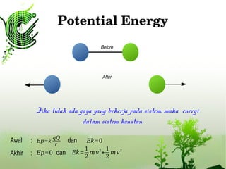 Potential Energy
Jika tidak ada gaya yang bekerja pada sistem, maka energi
dalam sistem konstan
Before
After
Awal :
Akhir : 
Ep=k
qQ
r
dan Ek=0
Ep=0 dan Ek=
1
2
mv2
+
1
2
mv2
 