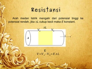 Resistansi
Arah medan listrik mengalir dari potensial tinggi ke
potensial rendah, jika ∆L cukup kecil maka E konstant.
V =V a−Vb=E Δ L
Va
Vb
E
∆L
I
 