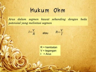 Hukum Ohm
Arus  dalam  segmen  kawat  sebanding  dengan  beda 
potensial yang melintasi segmen 
I=
V
R
R=
V
Iatau
R = hambatan
V = tegangan
I = Arus
 