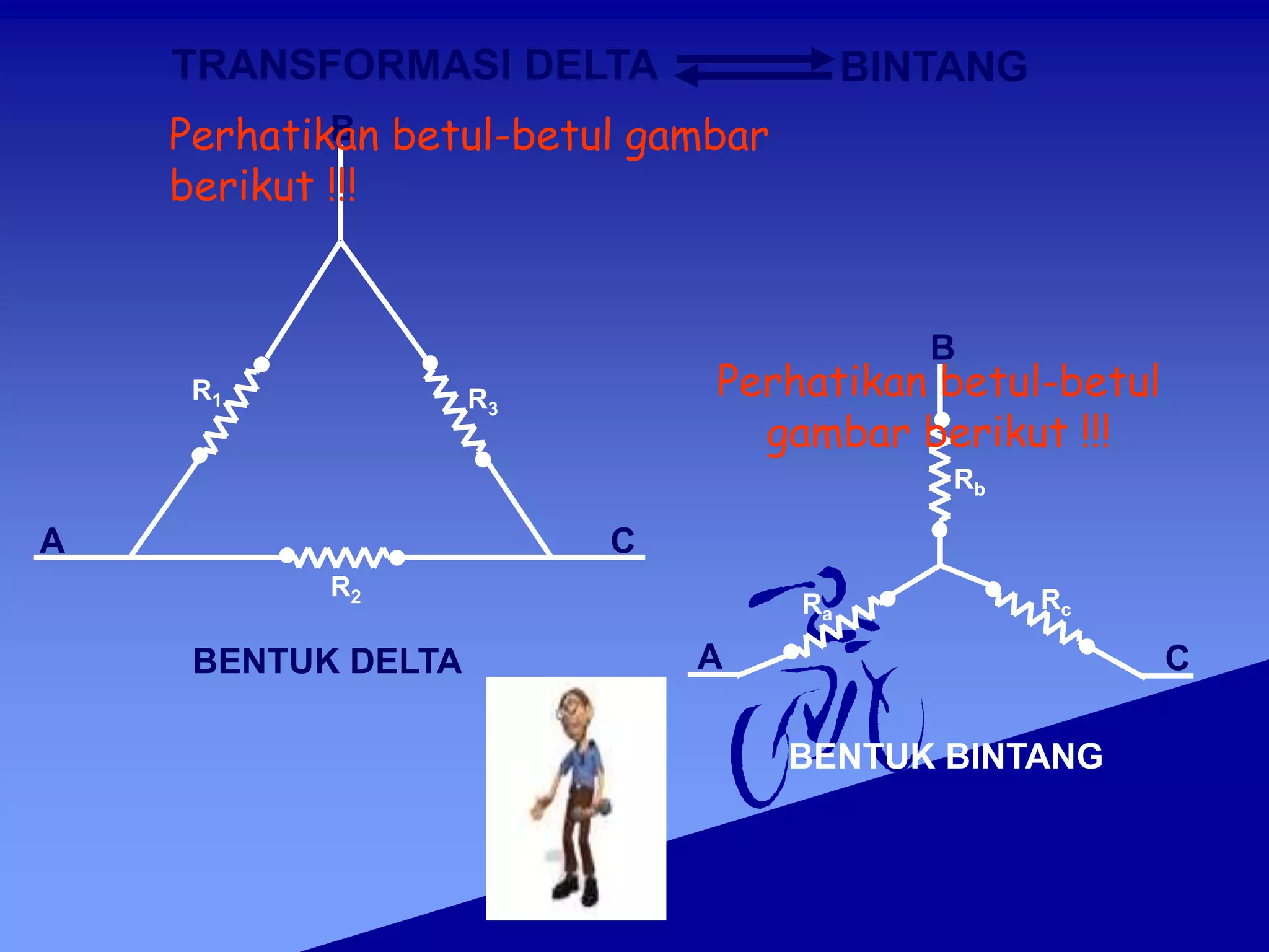 B
BENTUK DELTA
BENTUK BINTANG
TRANSFORMASI DELTA BINTANG
A
R1
R2
C
R3
A
Ra
B
Rb
C
Rc
Perhatikan betul-betul gambar
berikut !!!
Perhatikan betul-betul
gambar berikut !!!
 