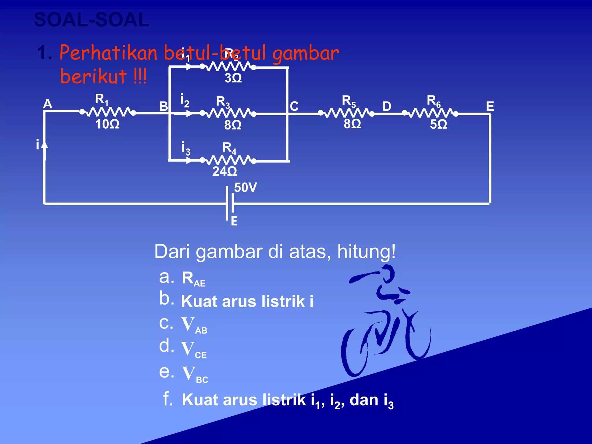 i
E
50V
B
A C E
D
R1
R2
R3
R4
R5 R6
i1
i2
i3
10Ω
3Ω
8Ω
24Ω
8Ω 5Ω
SOAL-SOAL
1.
Dari gambar di atas, hitung!
a.
b.
c.
d.
e.
f.
RAE
Kuat arus listrik i
VAB
VCE
VBC
Kuat arus listrik i1, i2, dan i3
Perhatikan betul-betul gambar
berikut !!!
 